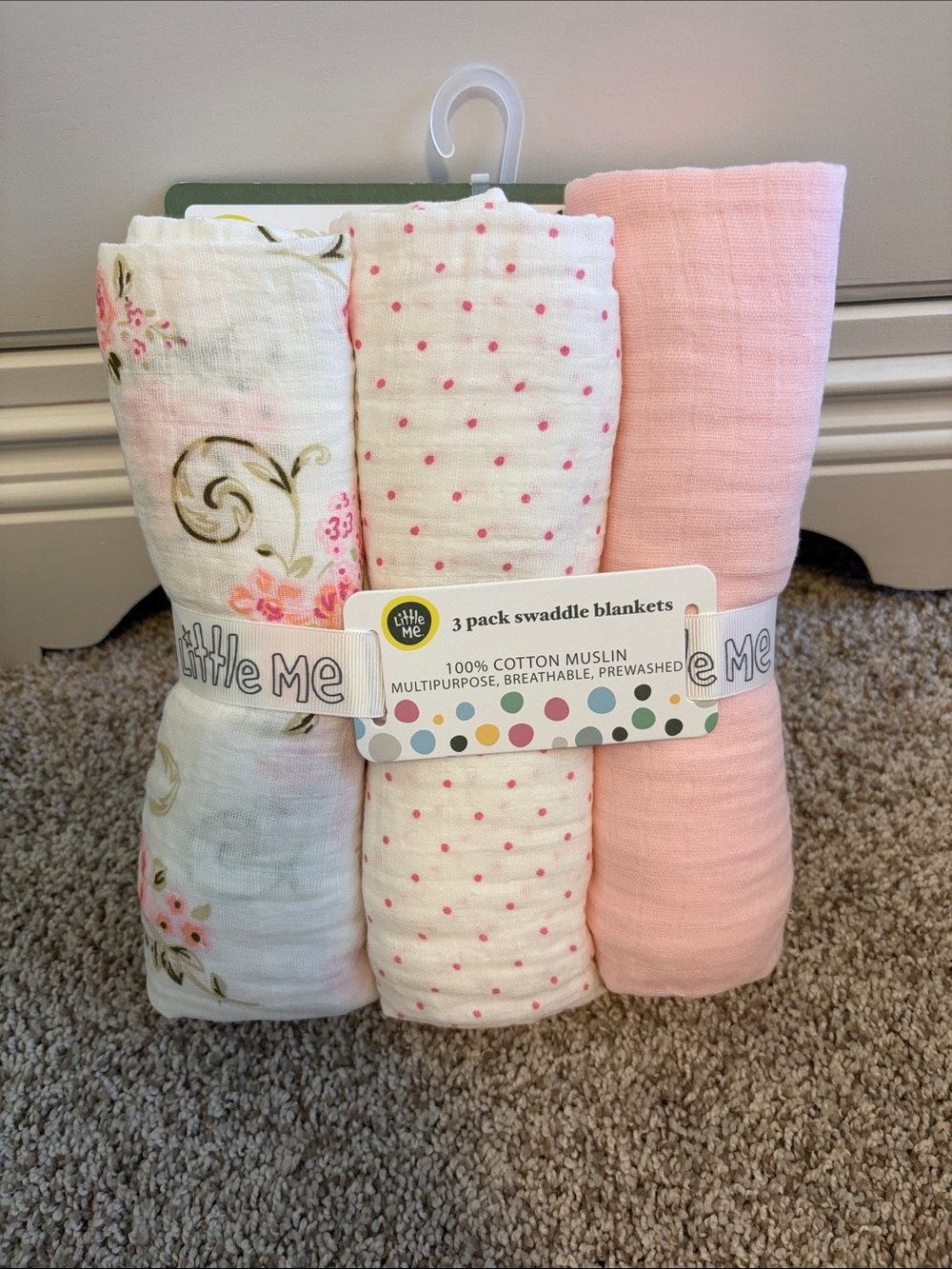 Little Me Pink Floral & Dot 3-Pack Cotton Muslin Swaddle Blankets